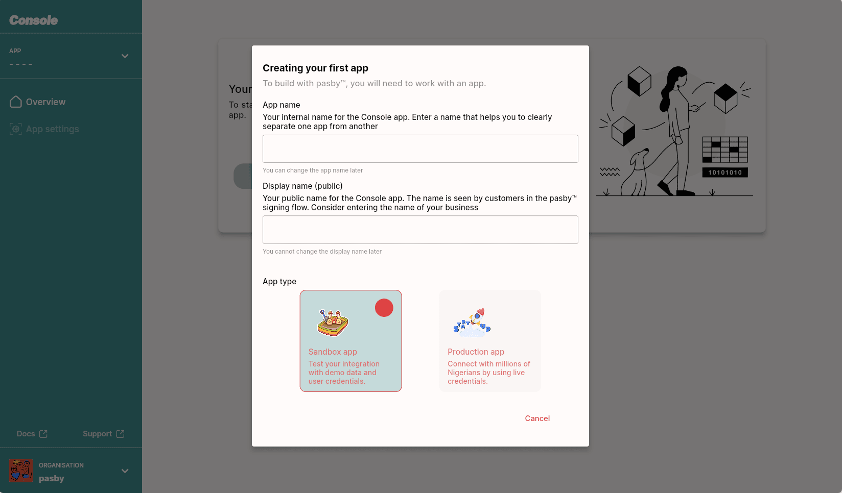 Create a new app on Console