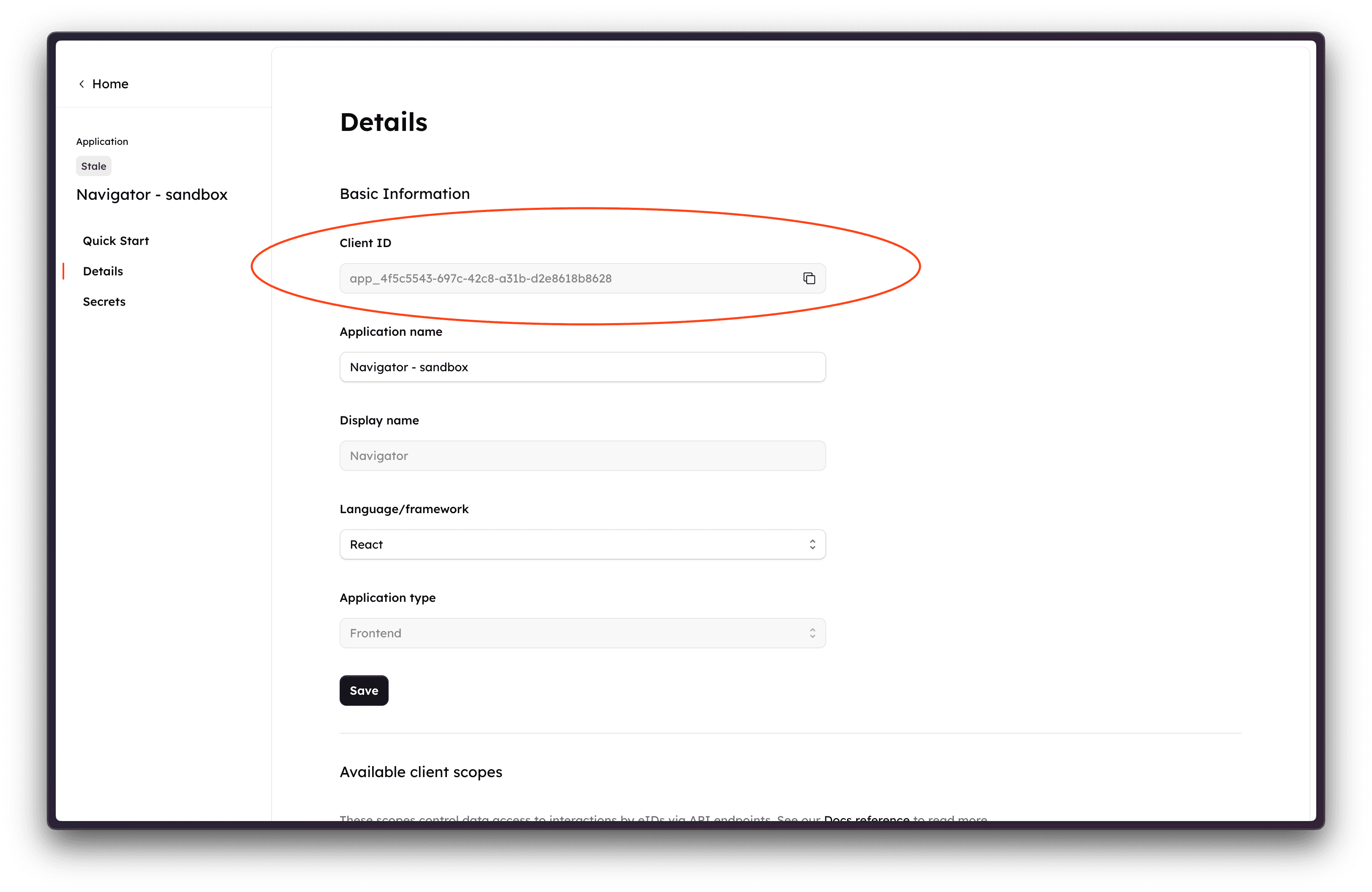Locate client ID in app settings